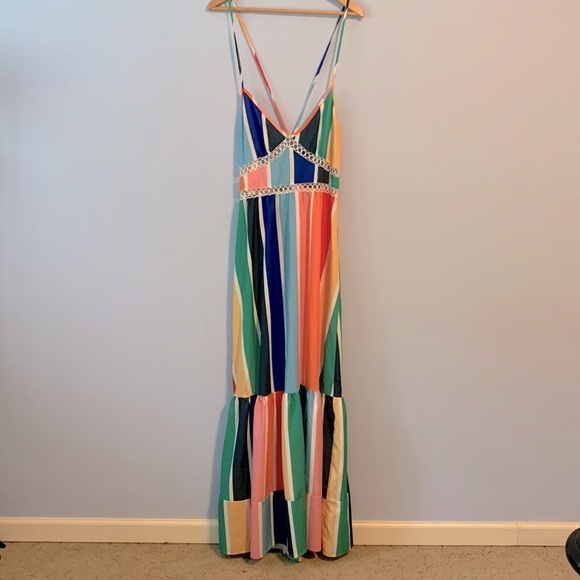 SHEIN Slayr Colorful Stripe Printed Ruffle Hem Backless Cami Dress Summer size 6 - Picture 4 of 9